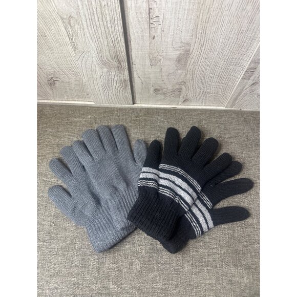 Accessories - Warm Knit Winter Gloves Gray Black Striped & Solid Gray Fleece Lining Lot of 2